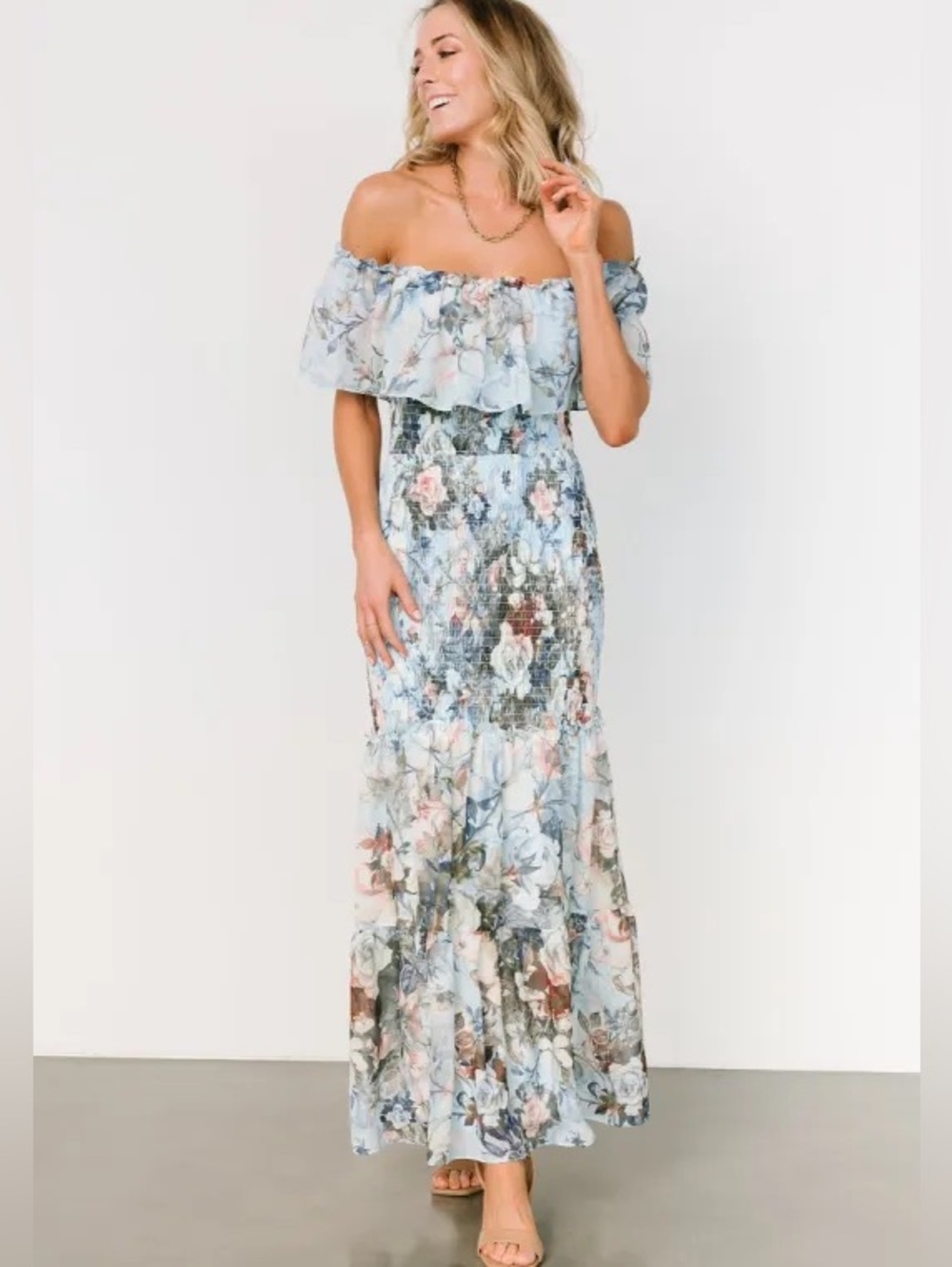 Baltic Born Amalfi Blue Floral Smocked Midi Dress Off Shoulder Boho Size Small